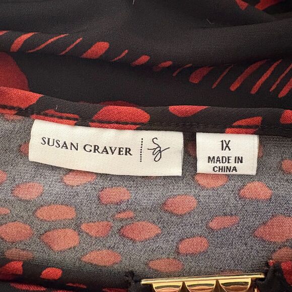 Susan Graver Liquid Knit Keyhole Blouse Mixed Print Black Red Plus Size 1X - Picture 4 of 5